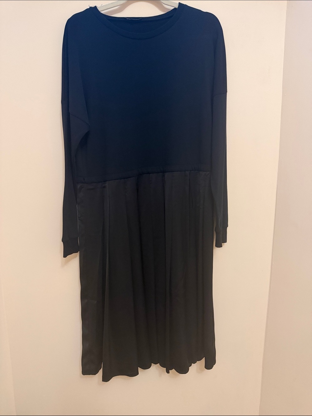 Women's Black Midi Dress - Long Sleeve Pleated Skirt